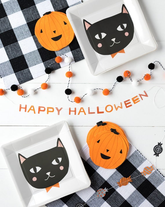 Halloween Tableware Orange Pumpkin Shape Napkins Spooky Black Cat Paper Plates Cute Kids October Birthday Disposable Party Supply Il_570xn