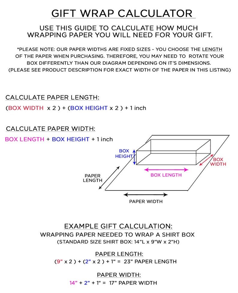 May include: A diagram showing how to calculate the amount of wrapping paper needed for a gift. The diagram shows a box with the dimensions labeled: box length, box width, and box height. The diagram also shows the wrapping paper with the dimensions labeled: paper length and paper width. The text below the diagram provides an example calculation for wrapping a shirt box.