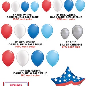 K&ouml;nnte beinhalten: Ein 2,44 m langes Girlanden-Set f&uuml;r eine patriotische Feier. Das Set enth&auml;lt rote, wei&szlig;e, dunkelblaue und hellblaue Ballons in verschiedenen Gr&ouml;&szlig;en, silberne Chromballons, einen sternf&ouml;rmigen Folienballon, durchsichtige Schnur, Ballonband, Klebepunkte, eine Handpumpe f&uuml;r Ballons und ein Werkzeug zum Binden von Ballons. Das Set enth&auml;lt auch Schritt-f&uuml;r-Schritt-Anleitungen.