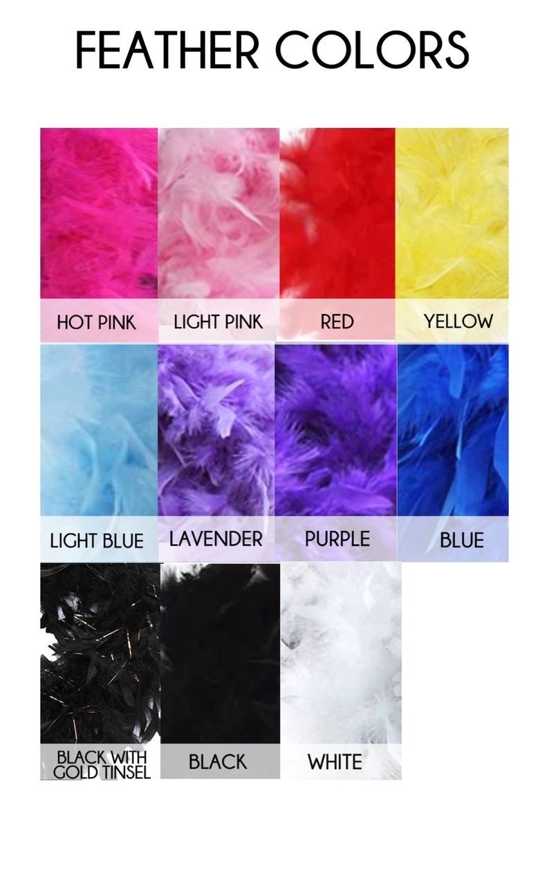 May include: A chart showing 10 different colors of feathers. The colors are: hot pink, light pink, red, yellow, light blue, lavender, purple, blue, black with gold tinsel, and white.