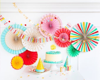 Colorful Paper Fan Set and Banners YAY Pom Pom Bunting Rainbow Fiesta Pinwheels Large Backdrop Kids Birthday Baby Shower Decoration