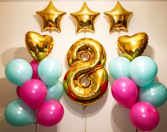 Number Balloon Bundle Gold Heart Star Pink Blue Balloons Birthday Age Milestone Anniversary New Year Eve Photo Prop Gift Bouquet Party Decor