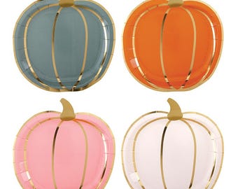 Pumpkin Shape Paper Plates with Gold Foil Pink Orange Little Pumpkin First Birthday Seasonal Autumn Fall Rustic Thanksgiving Tableware