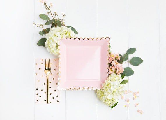 Blush Pink Paper Plates With Gold Scalloped Edge Girly Elegant 