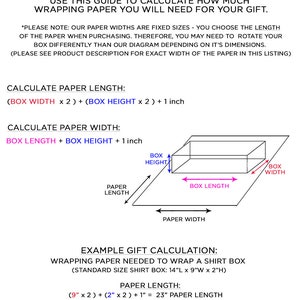 Op de afbeelding: Een diagram dat laat zien hoe je de benodigde hoeveelheid cadeaupapier kunt berekenen. Het diagram toont een doos met de gelabelde afmetingen: dooslengte, doosbreedte en dooshoogte. Het diagram toont ook de papierlengte en de papierbreedte. De tekst onder het diagram geeft een voorbeeld van de berekening voor het inpakken van een overhemddoos.