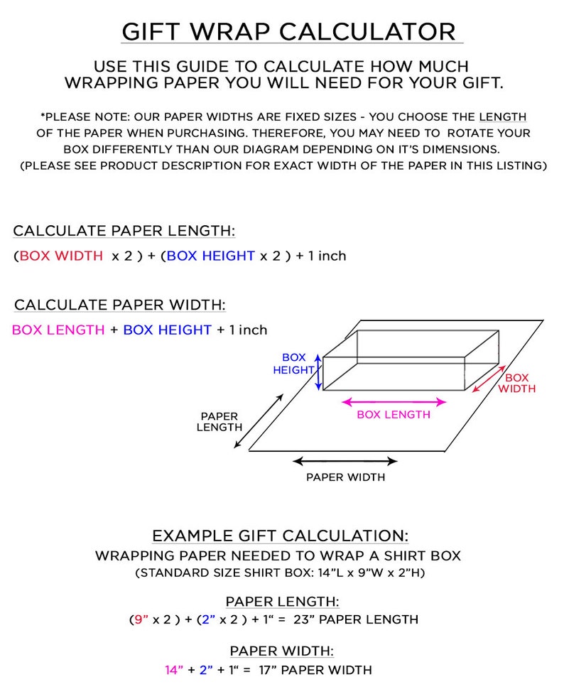 Op de afbeelding: Een diagram dat laat zien hoe je de benodigde hoeveelheid cadeaupapier kunt berekenen. Het diagram toont een doos met de gelabelde afmetingen: dooslengte, doosbreedte en dooshoogte. Het diagram toont ook de papierlengte en de papierbreedte. De tekst onder het diagram geeft een voorbeeld van de berekening voor het inpakken van een overhemddoos.