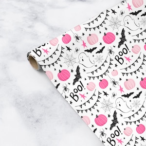 Pink Halloween Gift Wrapping Paper Pink Pumpkin Jack O Lantern Boo Banner Bats Spiders Premium Decorative Packaging Roll