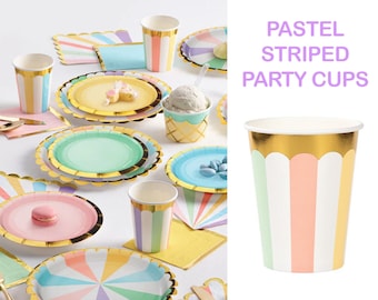 Striped Paper Cups Multicolor Gold Pastel Party Supply Circus Fun Fair Carnival Fiesta Fun Boho Beverage Cups First Birthday Baby Shower