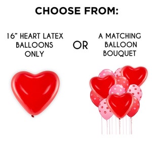 May include: Choose between a single 16-inch red heart-shaped latex balloon or a bouquet of red heart-shaped latex balloons with pink kiss-print balloons.