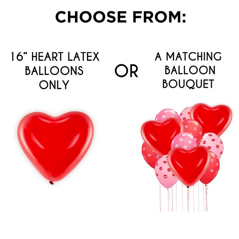 May include: Choose between a single 16-inch red heart-shaped latex balloon or a bouquet of red heart-shaped latex balloons with pink kiss-print balloons.
