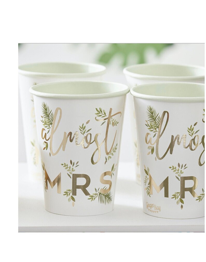 Almost Mrs Paper Cups Gold Green Foil Floral Bridal Shower Bride To Be Bachelorette Hen Party Decor Botanical Leaf Disposable Tableware