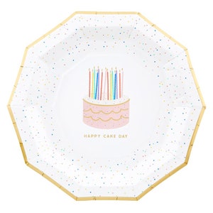 May include: White paper party plate with a gold rim and a colorful cake with candles illustration. The plate has a confetti pattern and the text "Happy Cake Day".