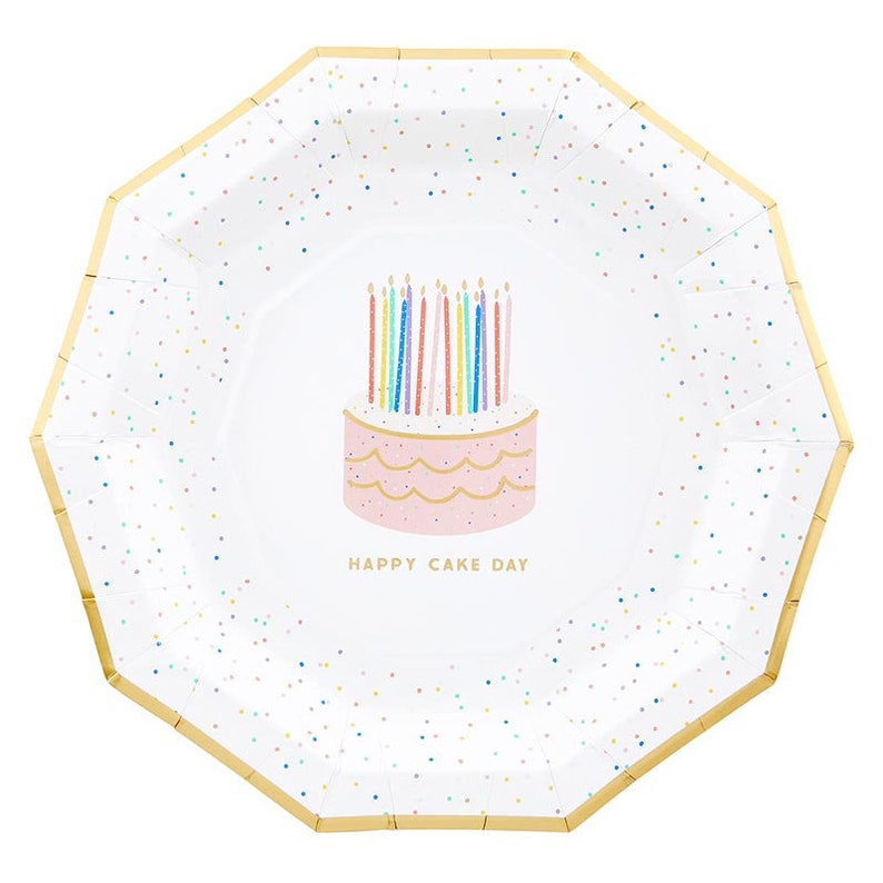 May include: White paper party plate with a gold rim and a colorful cake with candles illustration. The plate has a confetti pattern and the text "Happy Cake Day".