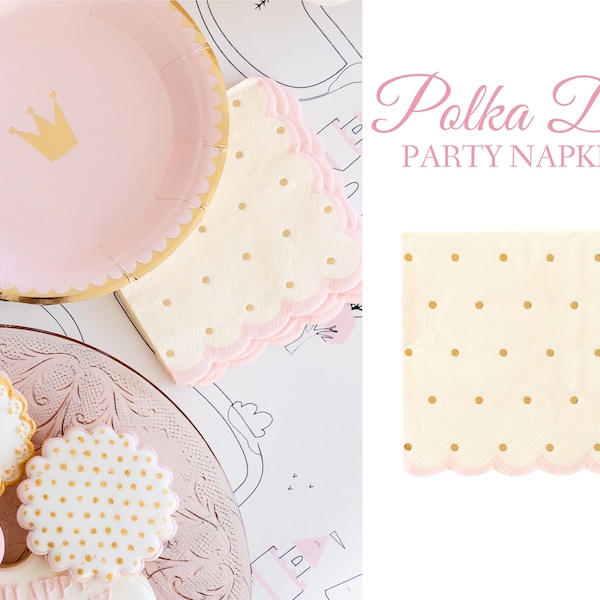 Pink Polka Dot Napkins Cream Gold Scalloped Beverage Paper Tissues Elegant Tableware Princess Birthday Baby Bridal Shower Wedding Supply