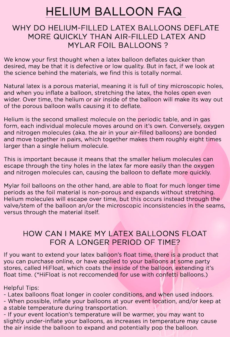 K&ouml;nnte beinhalten: Eine pinkfarbene und wei&szlig;e Grafik mit dem Text "HELIUM BALLOON FAQ" in gro&szlig;er, fetter Schrift. Der Text erkl&auml;rt, warum heliumgef&uuml;llte Latexballons schneller als luftgef&uuml;llte Latexballons und Mylar-Folienballons entleeren. Die Grafik enth&auml;lt auch Tipps, wie man Latexballons l&auml;nger schweben lassen kann.