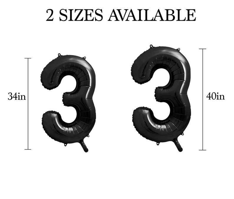 May include: Two black number 3 foil balloons, one 86 cm tall and the other 102 cm tall. The text "2 Sizes Available" is above the balloons. These balloons are suitable for birthday parties or other celebrations.