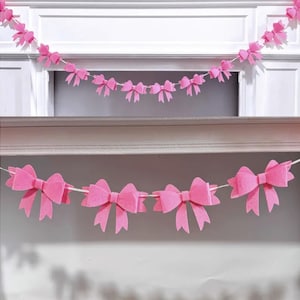 Pink Bow Garland Felt Fabric Reusable Blush Bright Pink Ribbon Bunting Nursery Newborn Baby Girl Girly Feminine Décor Bridal Bachelorette