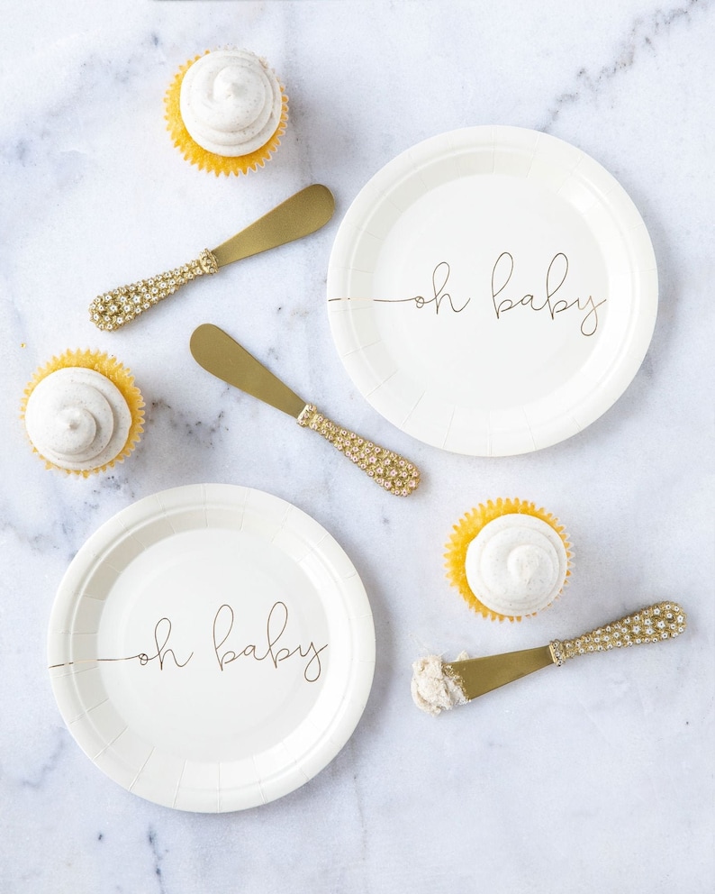 Oh Baby Shower Paper Plates Set Cream Gold Elegant Dessert Etsy