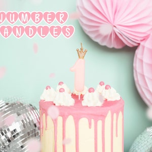 Pink Crown Candle Custom Number 0 to 9 Cake Topper Kids Girly Princess Unicorn Fairy Barbie First Birthday Cute Celebration Candle