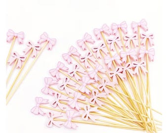 Pink Bow Food Picks Bamboo Wood Sticks Appetizers Fruits Snacks Cheese Finger Food Skewers Girly Baby Bridal Shower Bachelorette Ribbon