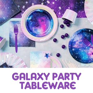 Galaxy Tableware MIX AND MATCH Plates Cups Napkins Cutlery Iridescent Stars Outer Space Solar System Birthday Baby Shower School Party