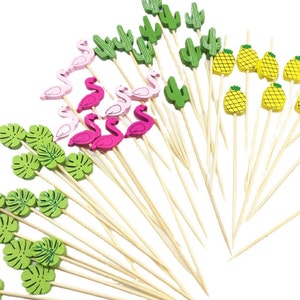 Tropical Food Picks Flamingo Pineapple Cactus Cocktail Wooden Sticks Aloha Luau Beach Party Cake Topper Flamingle Bridal Shower Bachelorette image 3