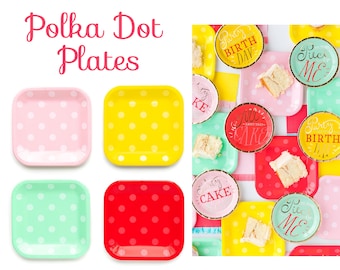 Polka Dot Paper Plates Square Colorful Pink Green Yellow Red Party Tableware Birthday Baby Bridal Shower BBQ Picnic Reunion Dinnerware