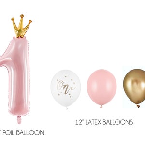 Pu&ograve; includere: Un palloncino in foil rosa da 91 cm a forma di numero uno con una corona dorata in cima. Tre palloncini in lattice da 30 cm in bianco, rosa e oro.