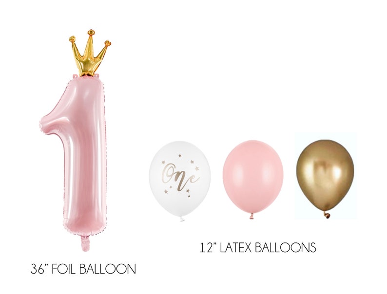 Pu&ograve; includere: Un palloncino in foil rosa da 91 cm a forma di numero uno con una corona dorata in cima. Tre palloncini in lattice da 30 cm in bianco, rosa e oro.