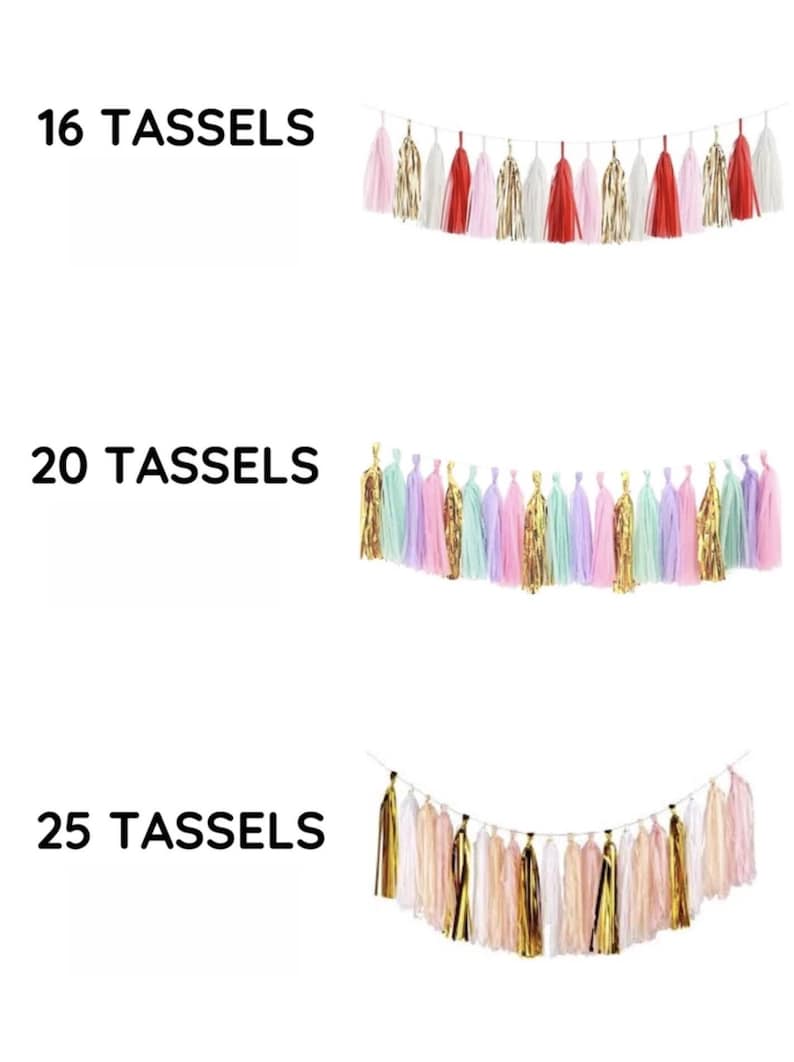 Pode incluir: Tr&ecirc;s grinaldas decorativas de borlas em diferentes esquemas de cores. A grinalda superior tem 16 borlas em rosa, dourado, vermelho e branco. A grinalda do meio tem 20 borlas em dourado, roxo e menta. A grinalda inferior tem 25 borlas em dourado e branco.