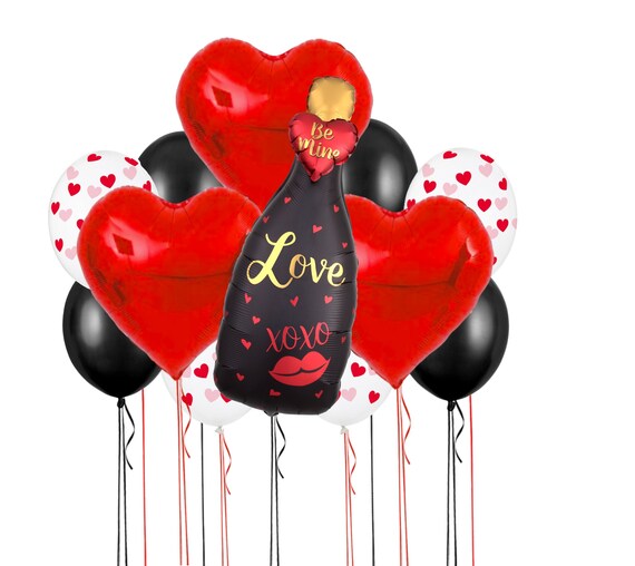 Valentine’s Day Party Bundle Champagne Bottle Balloon Black Red Hearts Balloon Gift Bouquet Table Centerpiece Entryway Sweet Table Decor Il_570xn