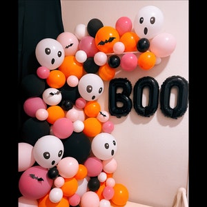 GHOST BALLOON ARCH in Pink Orange and Boo Garland Spooky Cute Kids Halloween Party Supply DiY KiT Entryway Welcoming Door Decoration
