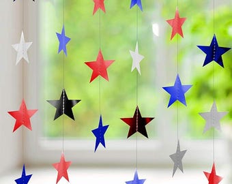 Patriotic Star Garland in Red Silver Blue Shimmering Metallic Foil Banner American USA Flag 4 of July Parade Display Backdrop Hanging Decor