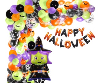 May include: A Halloween balloon arch kit featuring orange, purple, lime green, and black balloons, some with bat prints or polka dots, accented with white spider webs. A large witch foil balloon and orange and black 'HAPPY HALLOWEEN' foil balloons.