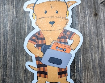 Grunge art dog sticker, distressed grungy flannel wearing terrier with retro cassette tape player