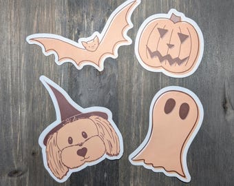 Peach Halloween sticker pack of 4: peachy bat, jack-o’-lantern, witch dog, and ghost