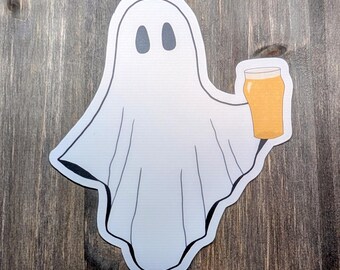 Ghost holding beer pint glass Halloween sticker