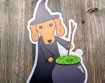 Witchy dachshund sticker, dog in Halloween costume