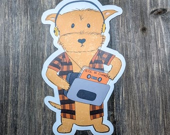 Pegatina de perro con arte grunge, terrier con franela desgastada y sucia y reproductor de casetes retro.