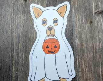 Pegatina de perro fantasma de Halloween, cubo de calabaza para pedir dulces