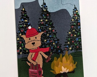 Christmas dog and beer art print: pup with 6 pack, unframed 5x7 inch portrait
