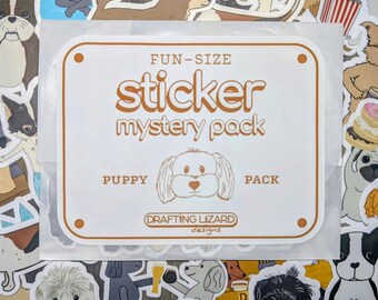 Puppy Pack mystery sticker bundle of 10 featuring hand-drawn themes of dogs + beer or food