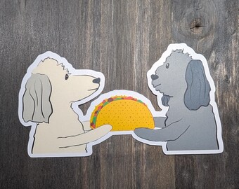 Dogs sharing taco hand drawn sticker, gift for foodie
