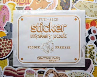 Foodie Frenzie mystery sticker bundle of 10 featuring hand-drawn themes of dogs and food