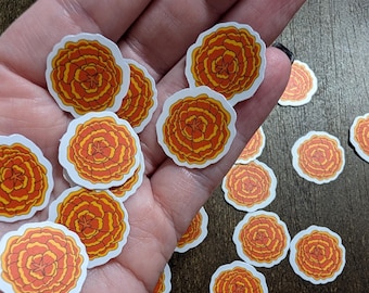 Mini flower sticker pack, orange or pink marigolds, botanical art, bundle of 10