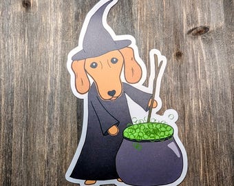 Pegatina de perro salchicha brujo, perro disfrazado de Halloween