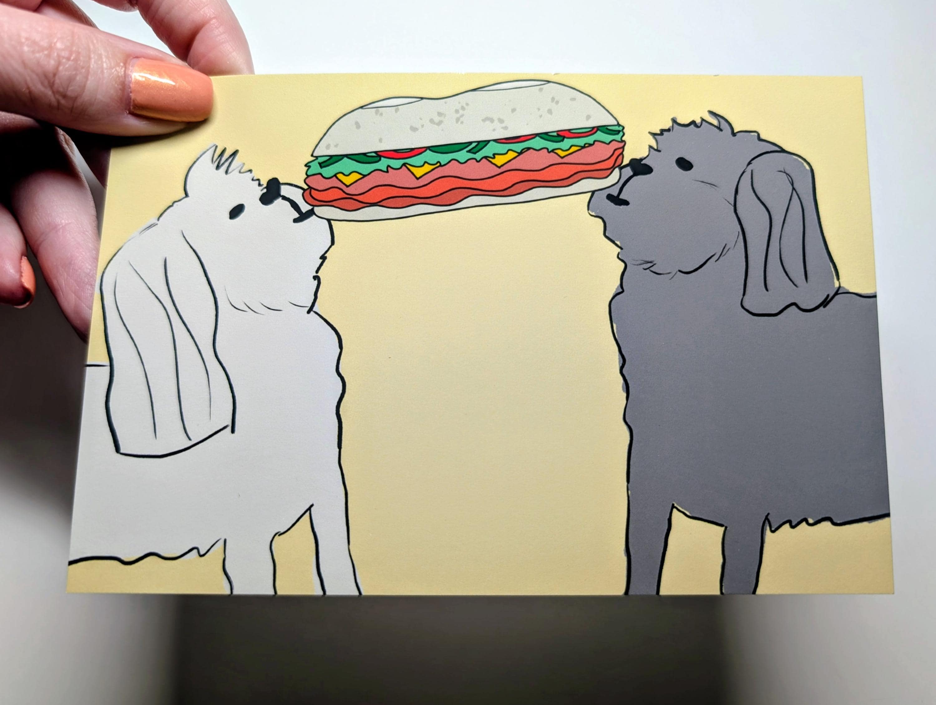 Pups Sharing Sandwich art print 4x6 inches