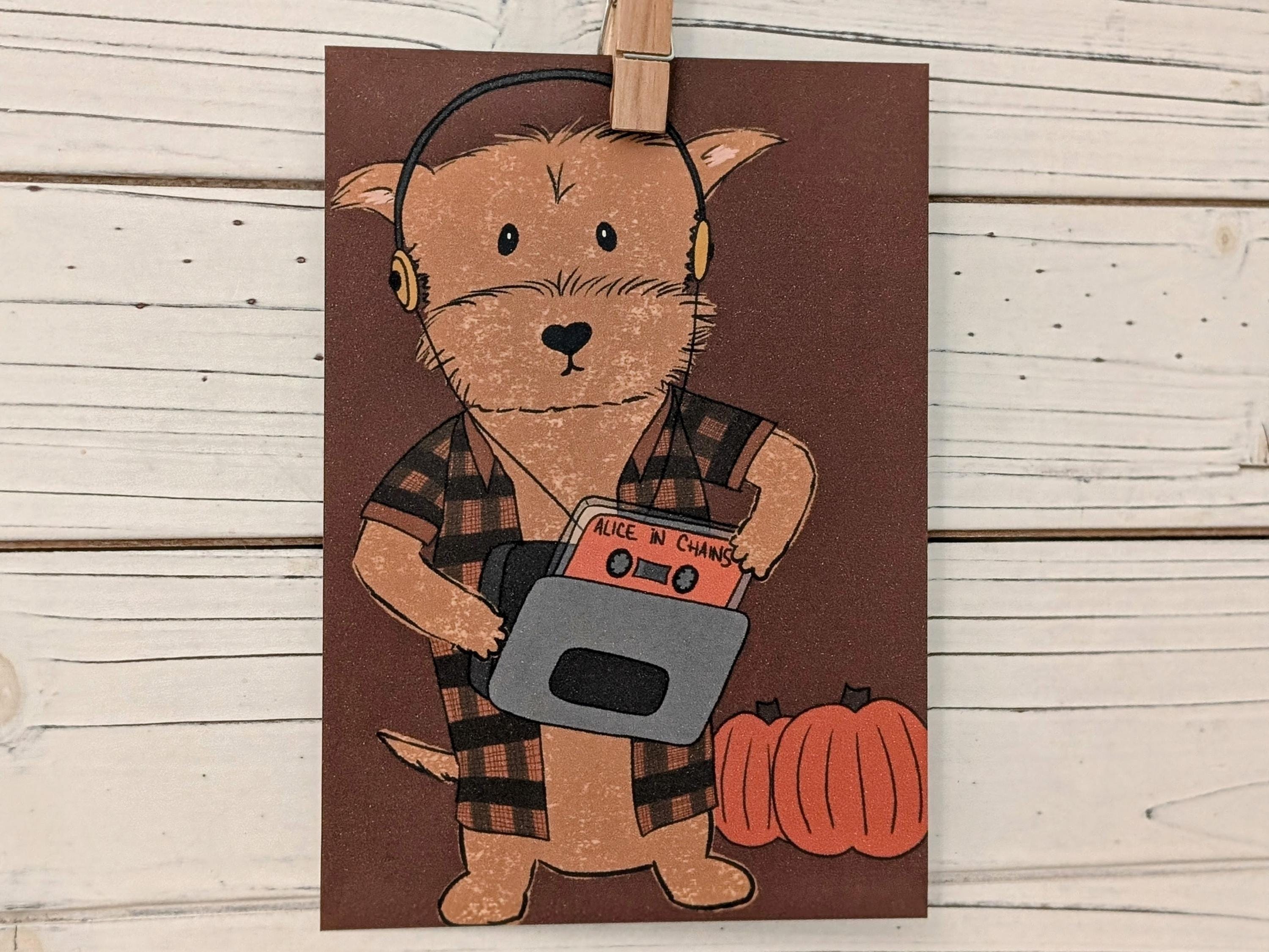 Grunge dog art print: 90s music fall themed drawing, unframed 5x7 inch