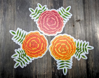 Marigold flower sticker, hand drawn botanical art, burnt orange, pink, yellow-orange