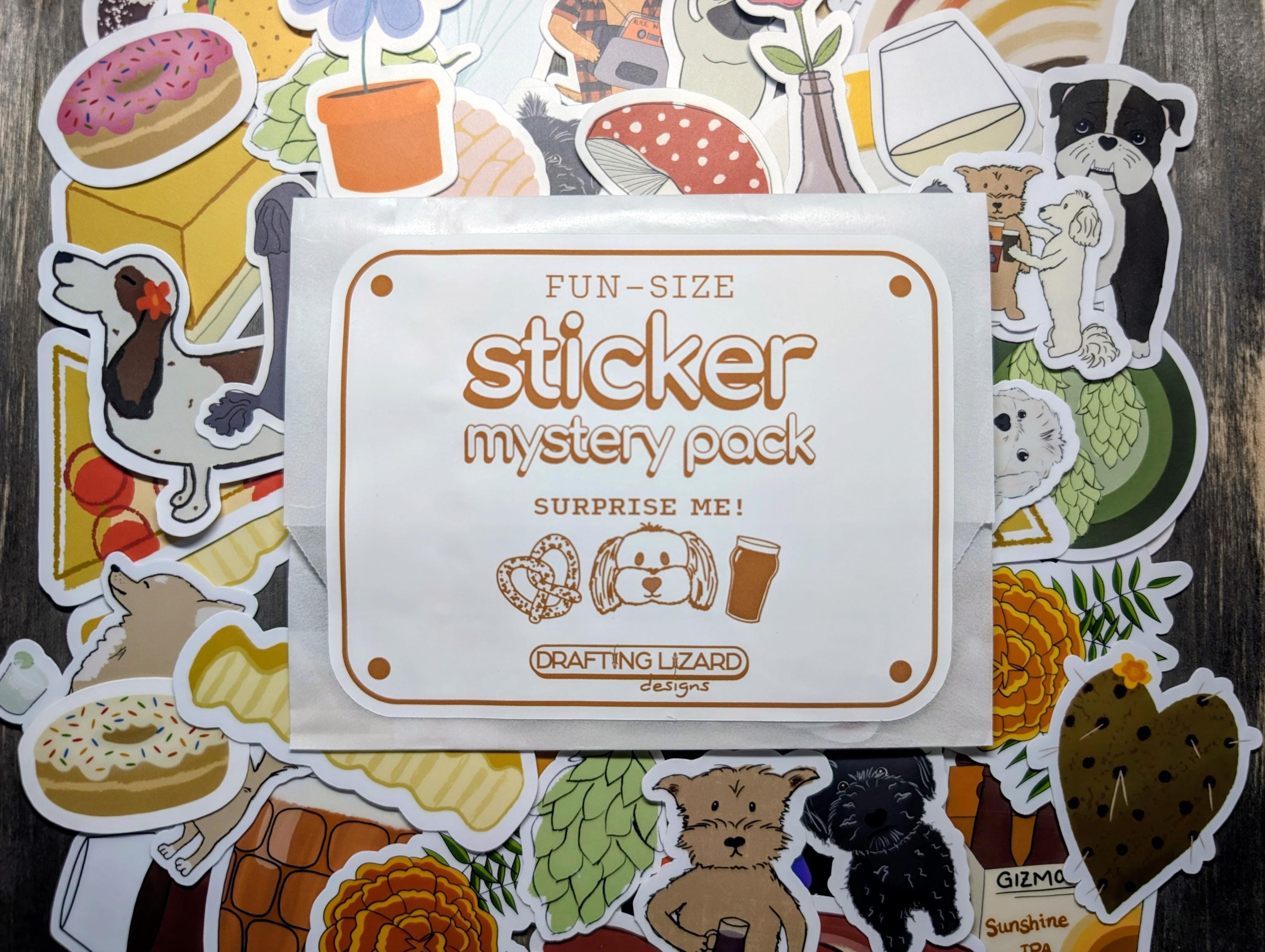 Surprise Me! Mystery sticker pack, bundle of 10 featuring hand-drawn themes of dogs, beer, food and more